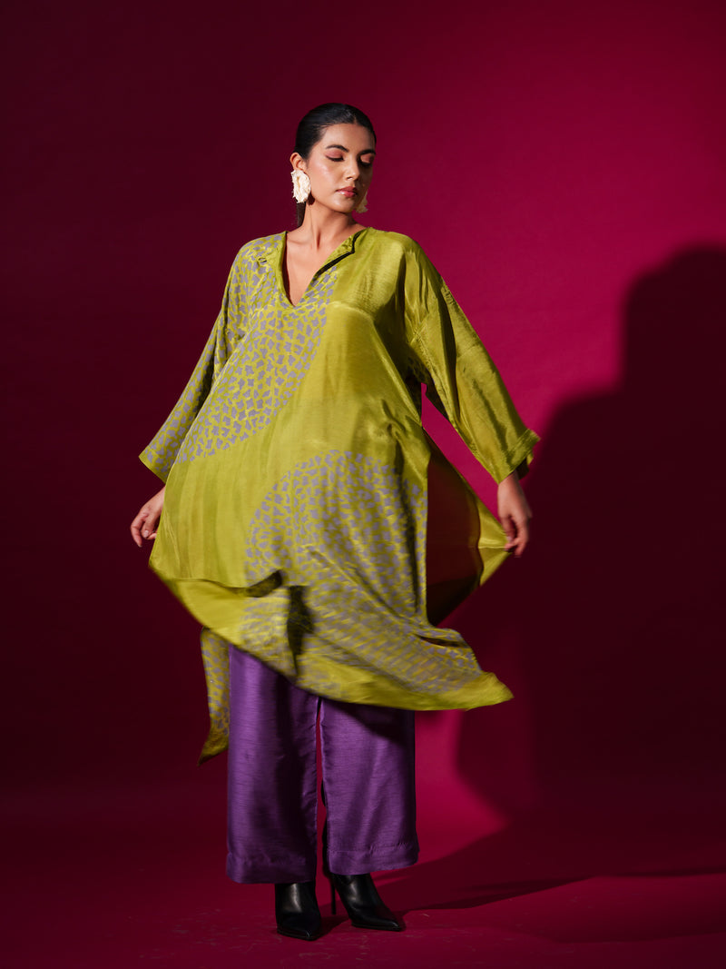 Beau Tunic-Leaf Green + Grey upada silk kaftans and tunics by Stoique in leaf green, grey for women in Singapore