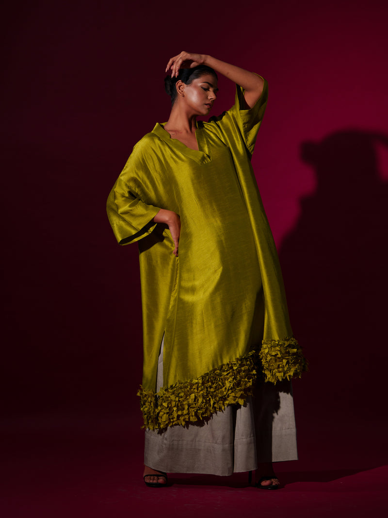 Flax Tunic-Leaf Green mysore silk kaftans and tunics by Stoique in leaf green for women in Singapore