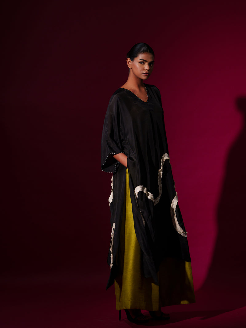 Flamingo Tunic-Black + Natural upada silk kaftans and tunics by Stoique in black, natural for women in Singapore