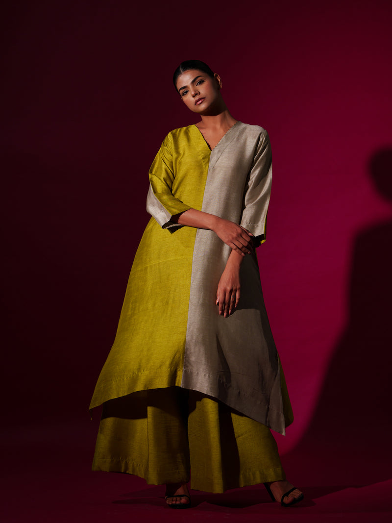 Onyx Tunic-Leaf green + Grey mysore silk kaftans and tunics by Stoique in leaf green, grey for women in Singapore