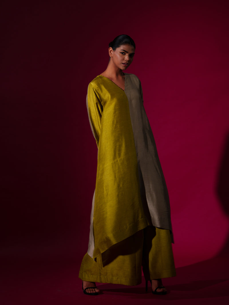 Onyx Tunic-Leaf green + Grey mysore silk kaftans and tunics by Stoique in leaf green, grey for women in Singapore