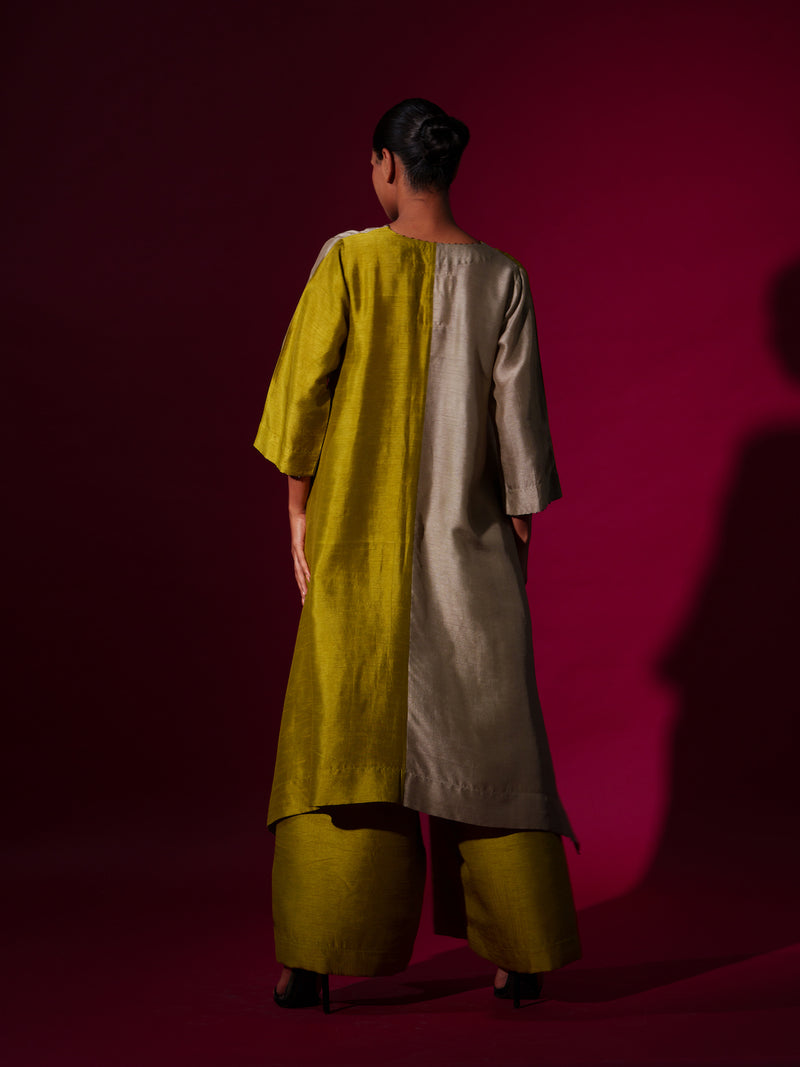 Onyx Tunic-Leaf green + Grey mysore silk kaftans and tunics by Stoique in leaf green, grey for women in Singapore