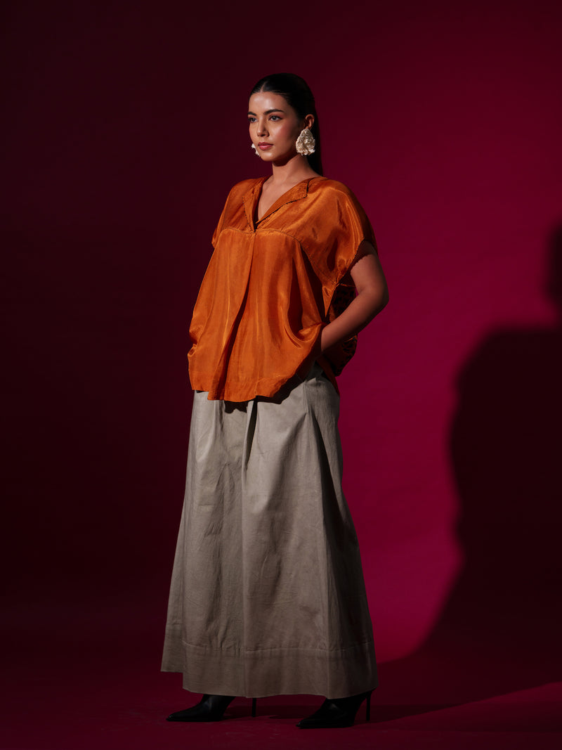 Prosper Top-Rust orange + Black upada silk tops and shirts by Stoique in rust orange, black for women in Singapore