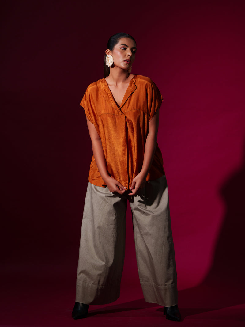 Prosper Top-Rust orange + Black upada silk tops and shirts by Stoique in rust orange, black for women in Singapore
