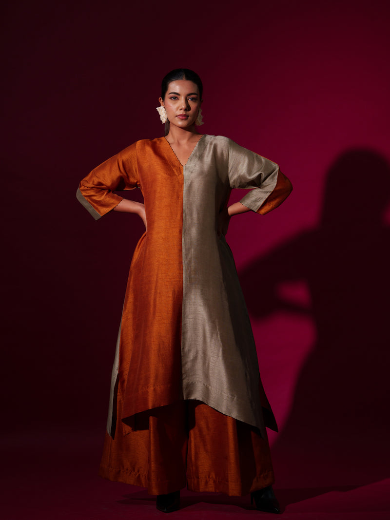 Onyx Tunic-Rust Orange + Grey mysore silk kaftans and tunics by Stoique in rust orange, grey for women in Singapore