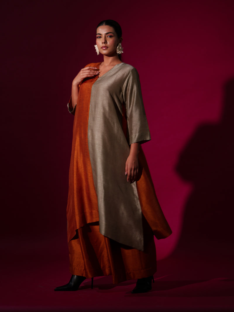 Onyx Tunic-Rust Orange + Grey mysore silk kaftans and tunics by Stoique in rust orange, grey for women in Singapore