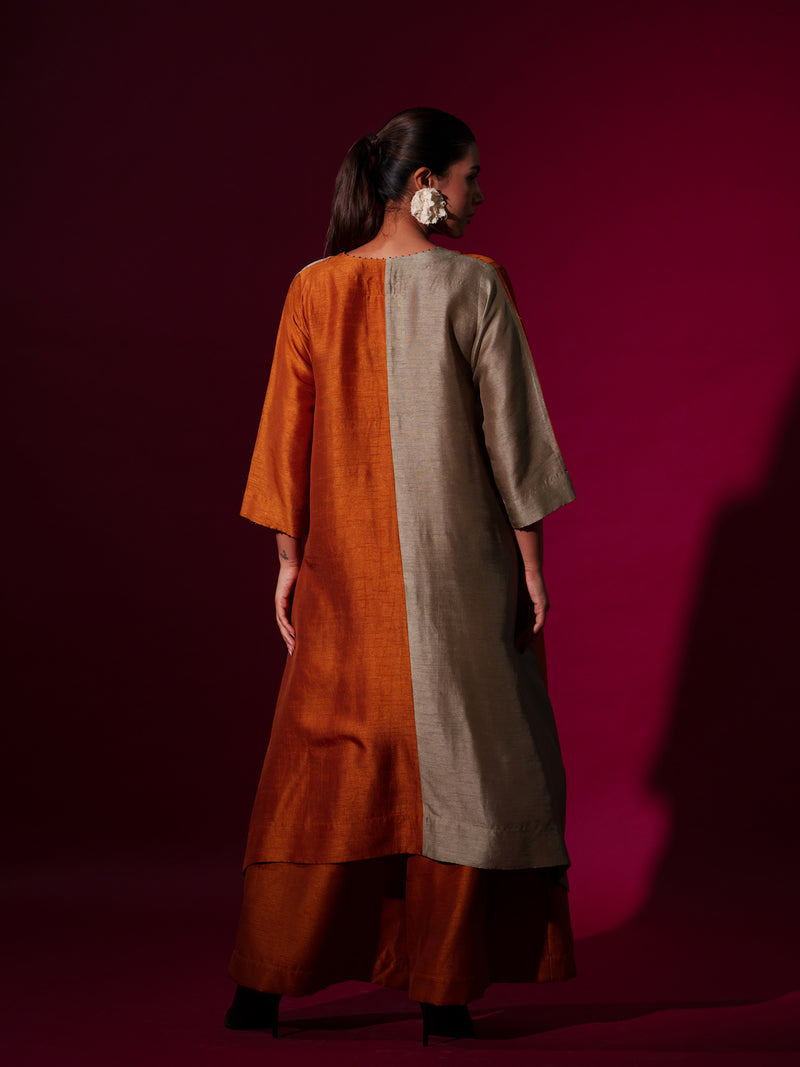 Onyx Tunic-Rust Orange + Grey mysore silk kaftans and tunics by Stoique in rust orange, grey for women in Singapore
