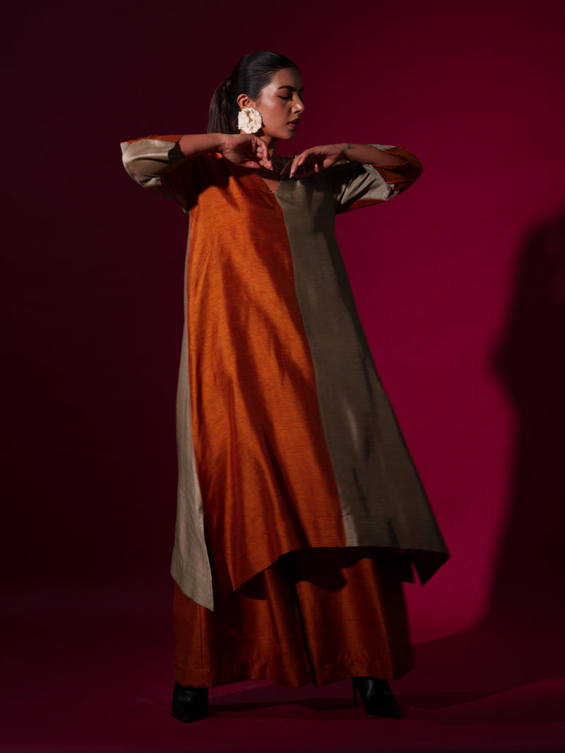 Onyx Tunic-Rust Orange + Grey mysore silk kaftans and tunics by Stoique in rust orange, grey for women in Singapore