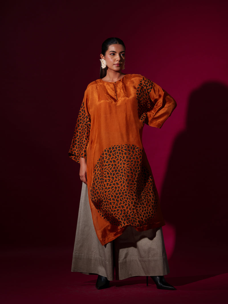 Beau Tunic-Rust orange + Black upada silk kaftans and tunics by Stoique in rust orange, black for women in Singapore