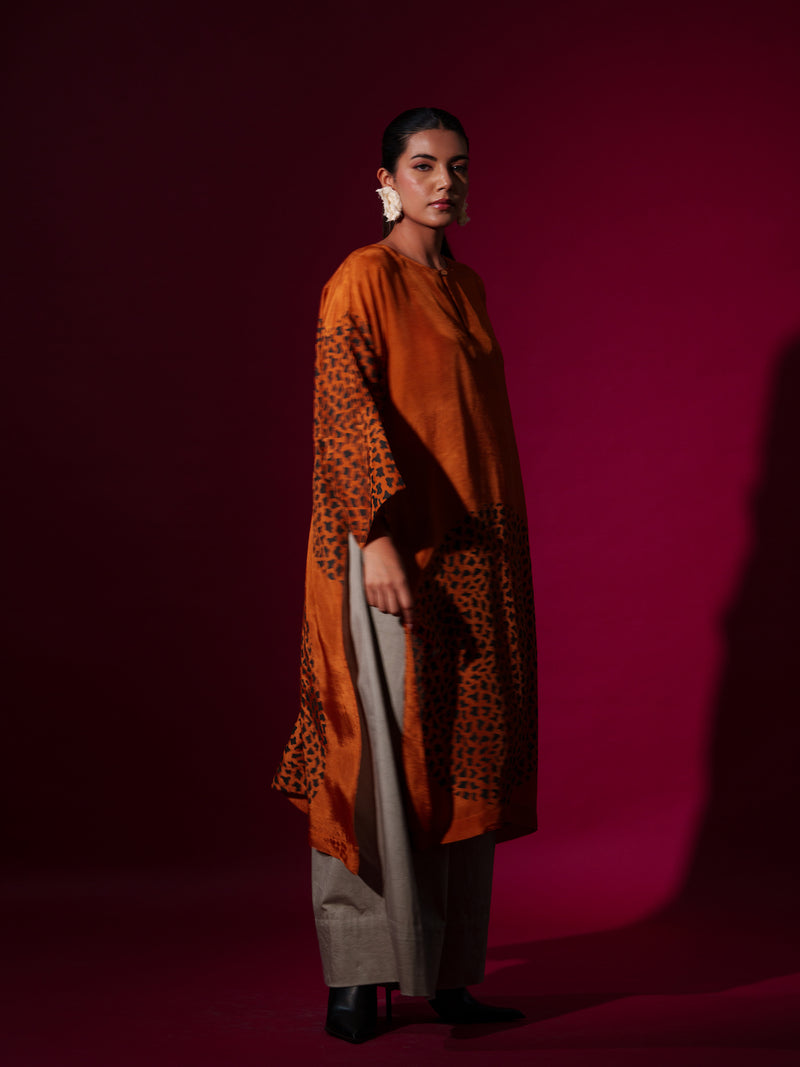 Beau Tunic-Rust orange + Black upada silk kaftans and tunics by Stoique in rust orange, black for women in Singapore