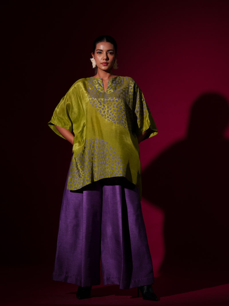 Beau Top-Leaf Green + Grey upada silk tops and shirts by Stoique in leaf green, grey for women in Singapore