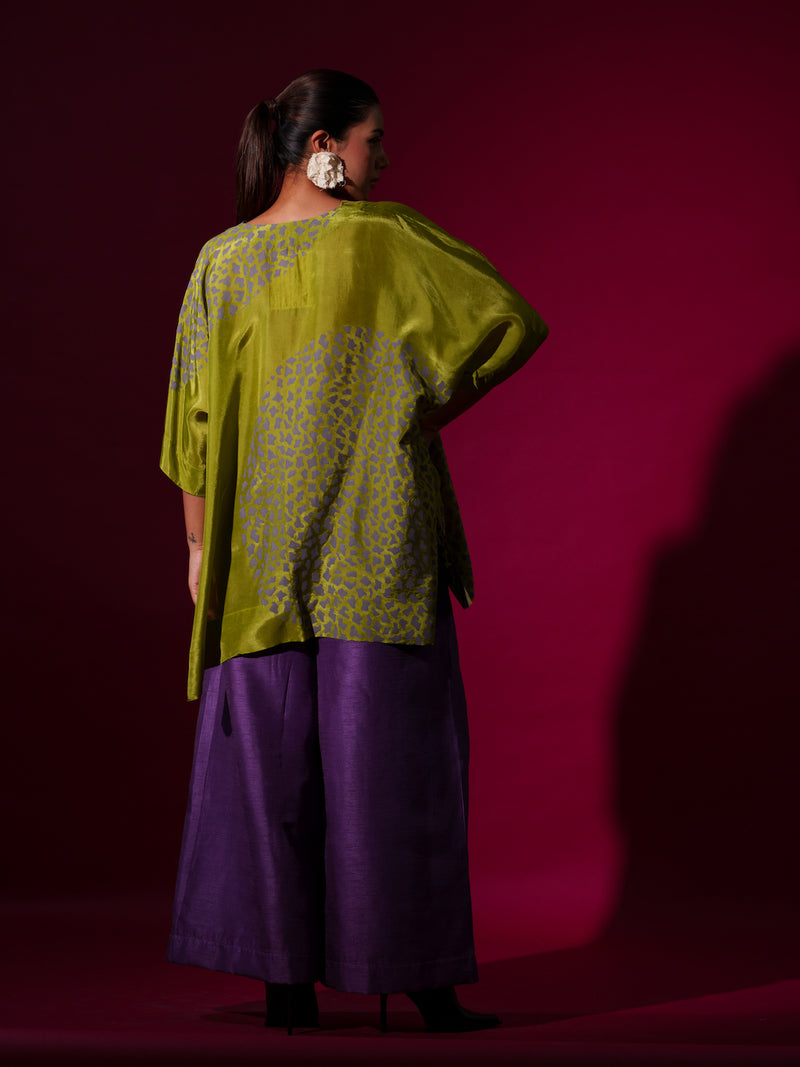 Beau Top-Leaf Green + Grey upada silk tops and shirts by Stoique in leaf green, grey for women in Singapore