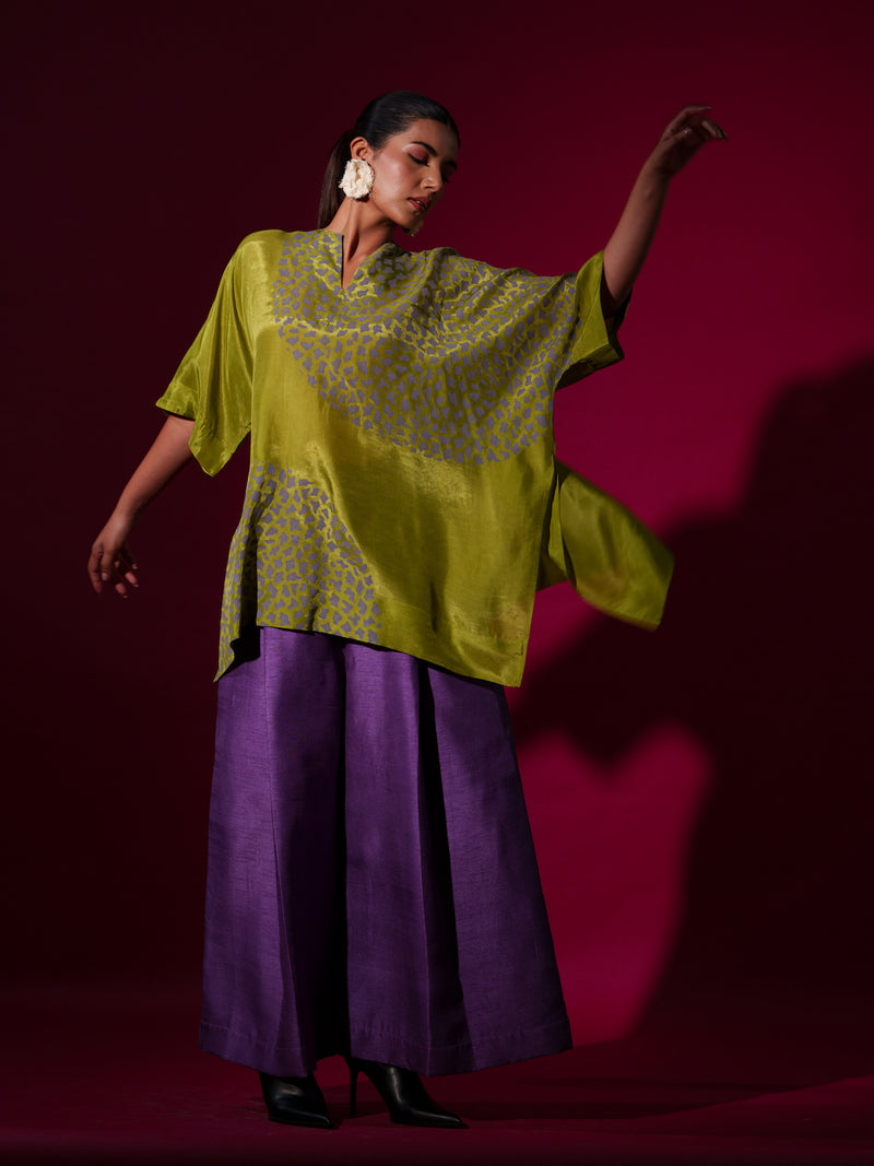 Beau Top-Leaf Green + Grey upada silk tops and shirts by Stoique in leaf green, grey for women in Singapore