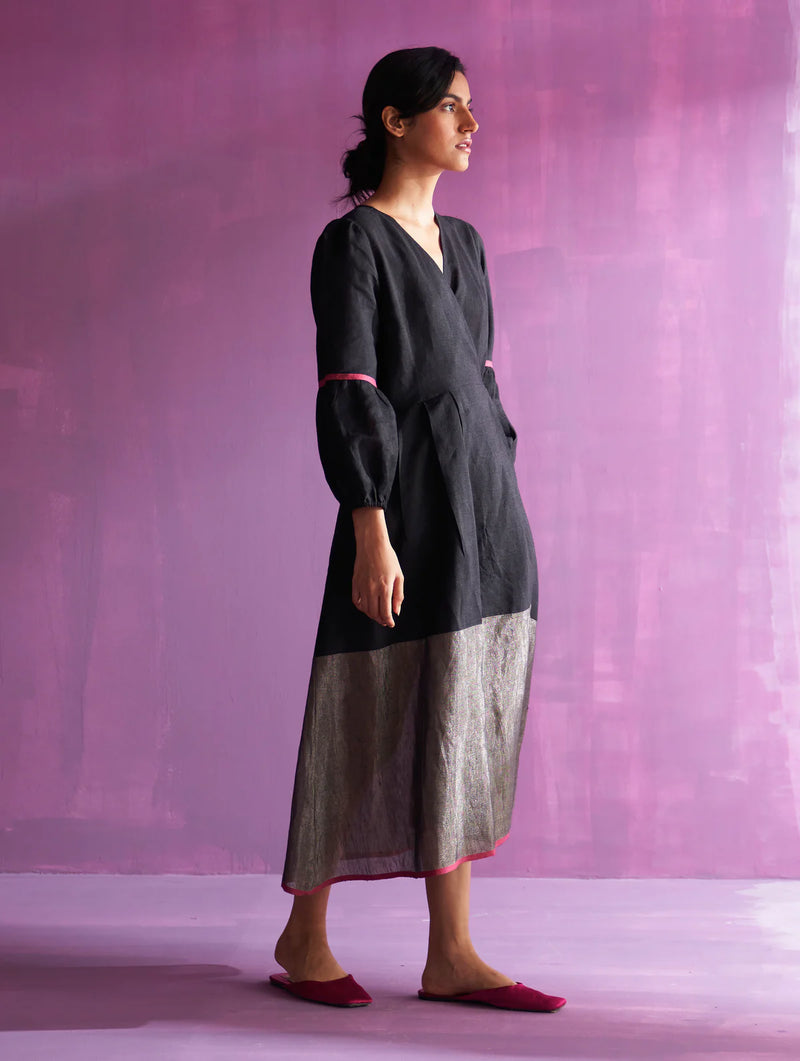 Zaina Metallic Wrap Dress - Black linen by Manan in black color for women in Singapore