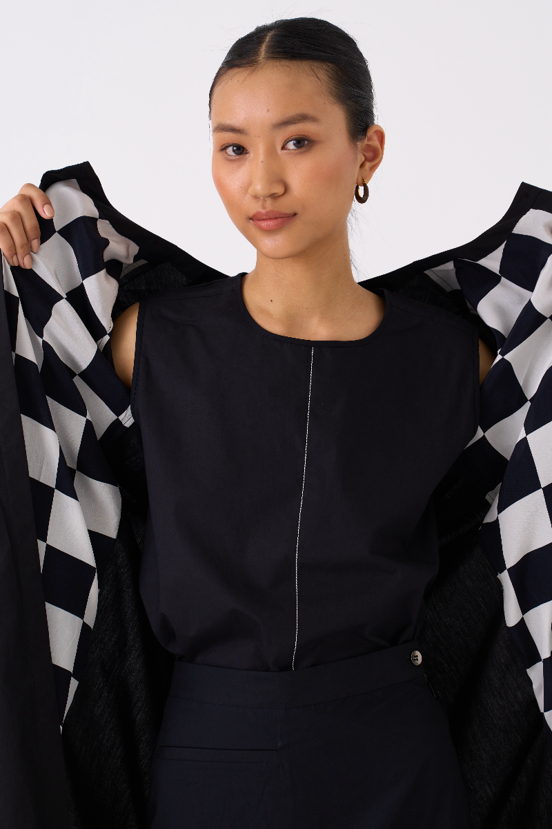 BACK YOKE JACKET CO-ORD 
(SET OF 3)-BLACK poplin by THREE in black color for women in Singapore