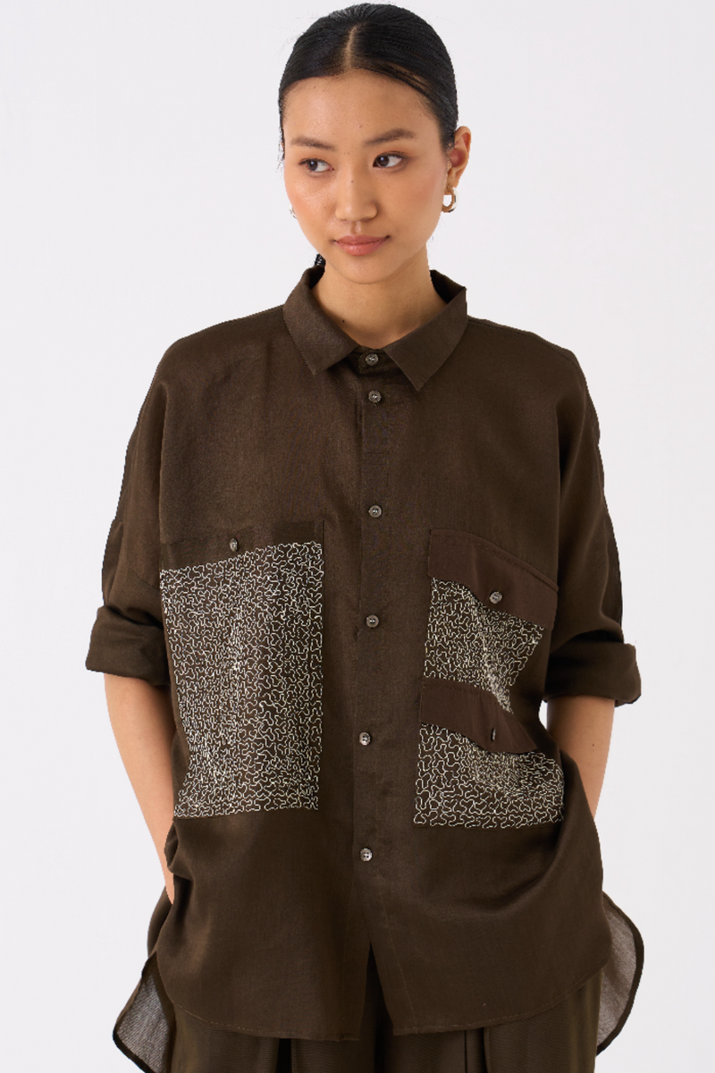 PATCH POCKET SHIRT CO-ORD
(SET OF 2)-DARK OLIVE poplin by THREE in olive color for women in Singapore