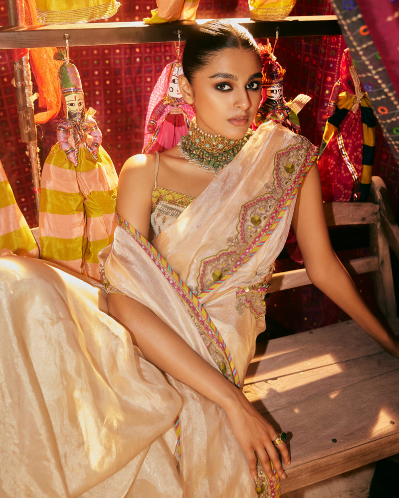 Khel Ivory Tissue Saree silk by Rajiramniq in ivory color for women in Singapore