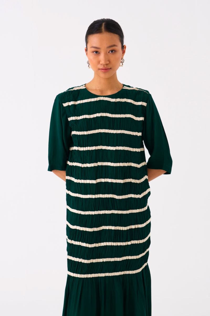 SHIRRING DRESS-GREEN by THREE in green color for women in Singapore
