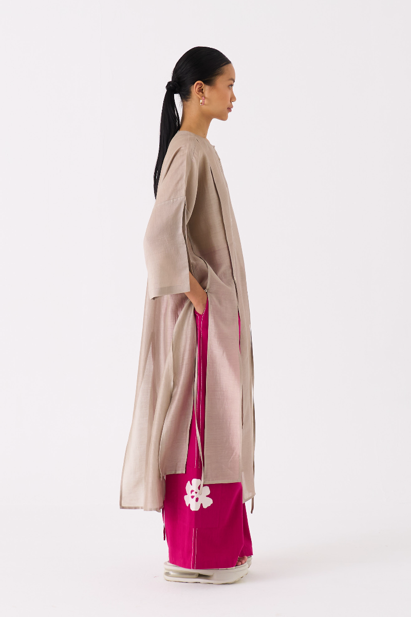 PANELLED TUNIC CO-ORD 
(SET OF 2)-ASH GREY & FUSCHIA chanderi by THREE in multi color for women in Singapore