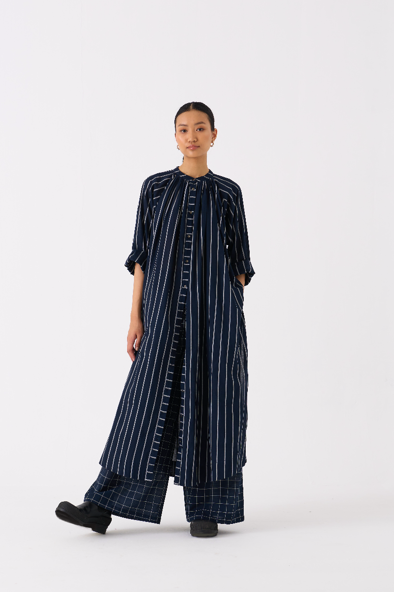 GATHER NECK SHIRT-BLACK STRIPE mul by THREE in black color for women in Singapore