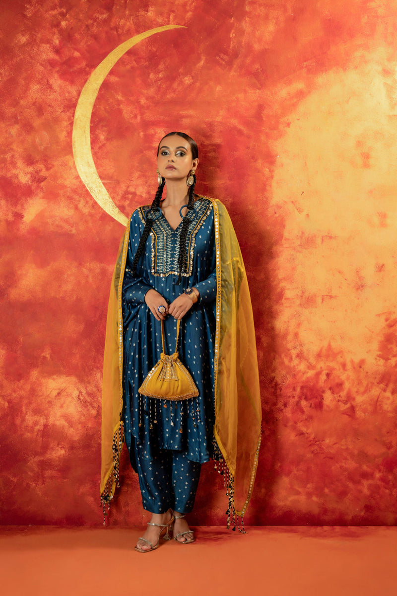 Hira AntiFit Ajrakh Indigo Kurta Set with Dupatta