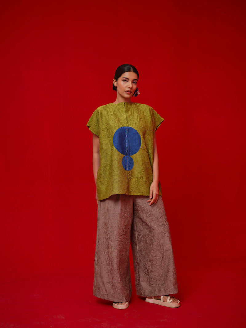 Lane Top-Leaf green + Blue crushed silk top/shirt by Stoique in green, blue for women in Singapore