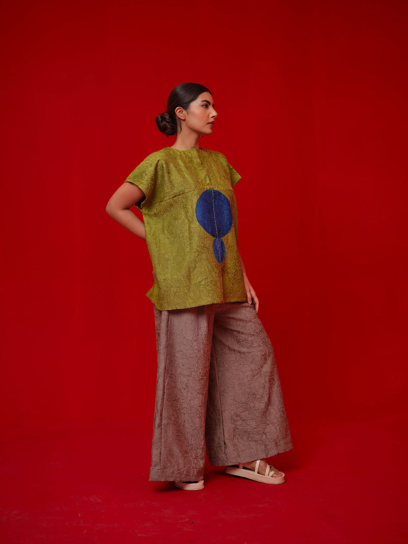 Lane Top-Leaf green + Blue crushed silk top/shirt by Stoique in green, blue for women in Singapore