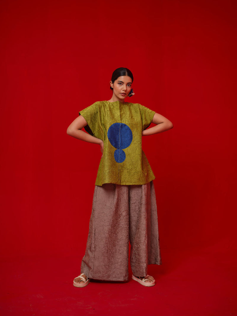 Lane Top-Leaf green + Blue crushed silk top/shirt by Stoique in green, blue for women in Singapore