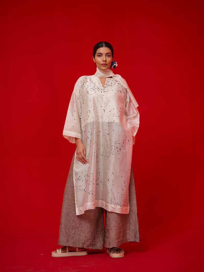 Wander Tunic-Ivory + Black + Mustard silk chanderi tunics/kaftan by Stoique in ivory, black, mustard for women in Singapore
