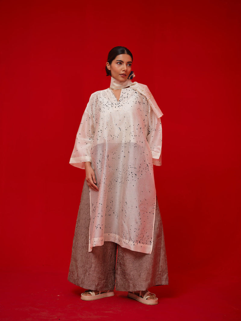 Wander Tunic-Ivory + Black + Mustard silk chanderi tunics/kaftan by Stoique in ivory, black, mustard for women in Singapore