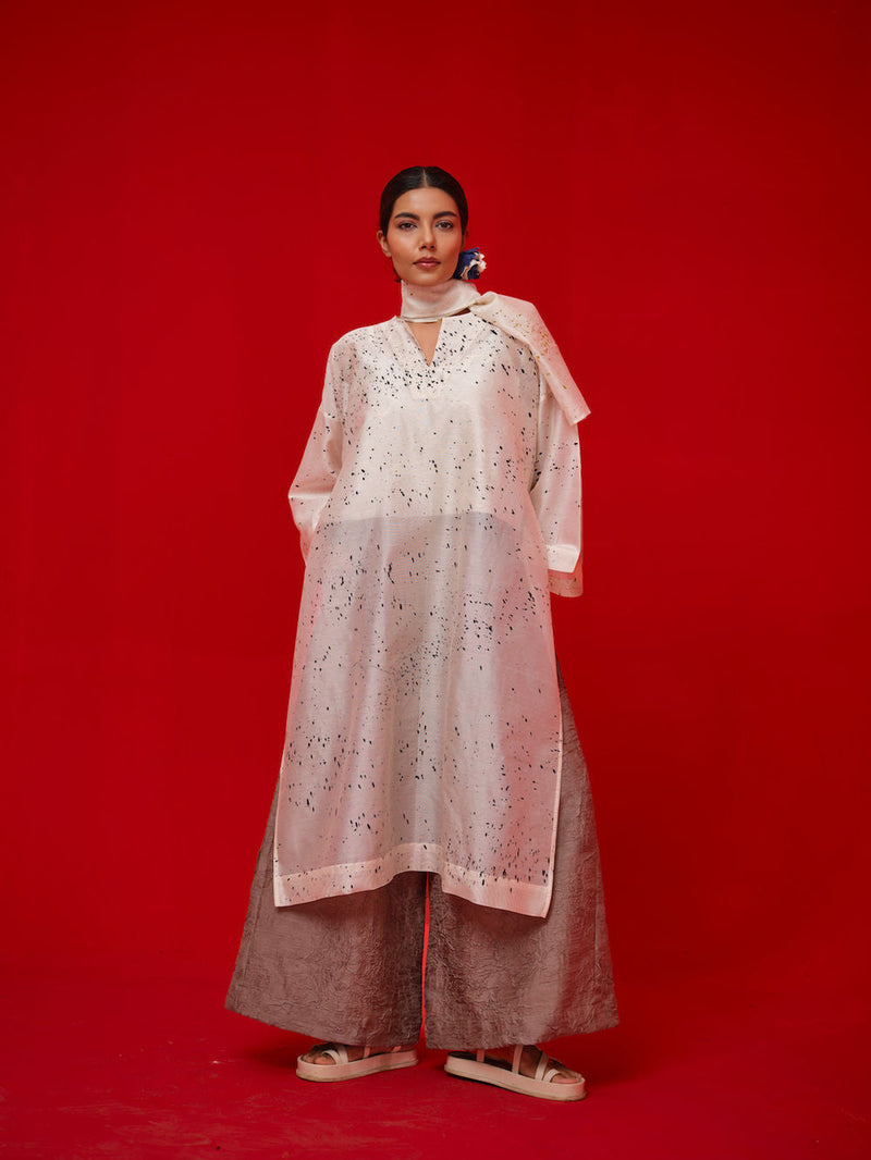 Wander Tunic-Ivory + Black + Mustard silk chanderi tunics/kaftan by Stoique in ivory, black, mustard for women in Singapore
