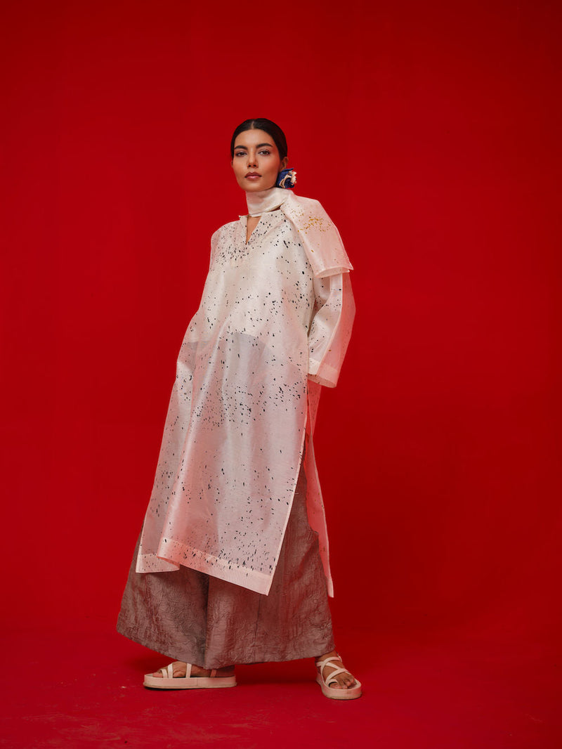 Wander Tunic-Ivory + Black + Mustard silk chanderi tunics/kaftan by Stoique in ivory, black, mustard for women in Singapore