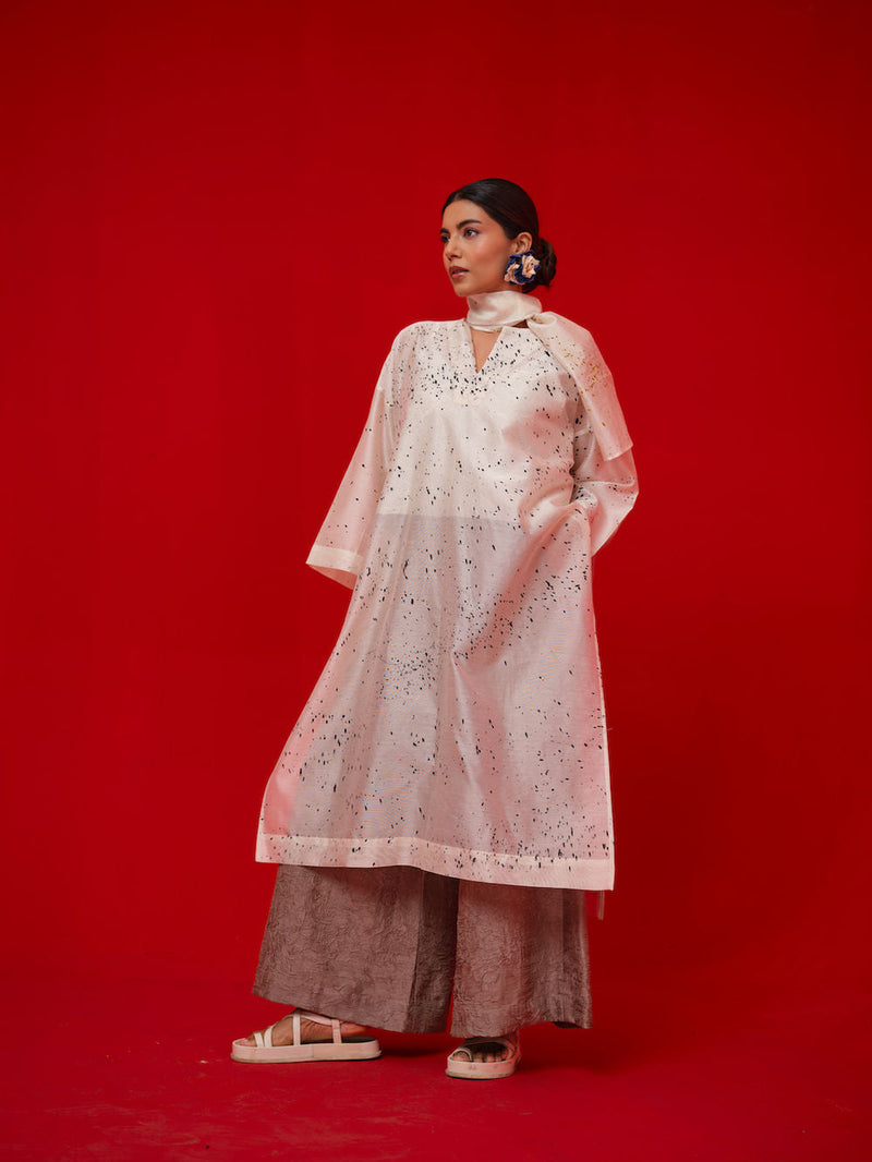 Wander Tunic-Ivory + Black + Mustard silk chanderi tunics/kaftan by Stoique in ivory, black, mustard for women in Singapore