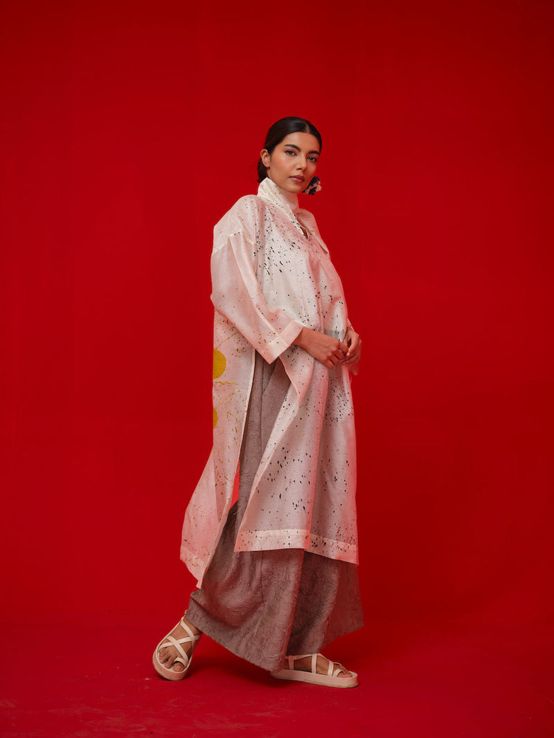 Wander Tunic-Ivory + Black + Mustard silk chanderi tunics/kaftan by Stoique in ivory, black, mustard for women in Singapore