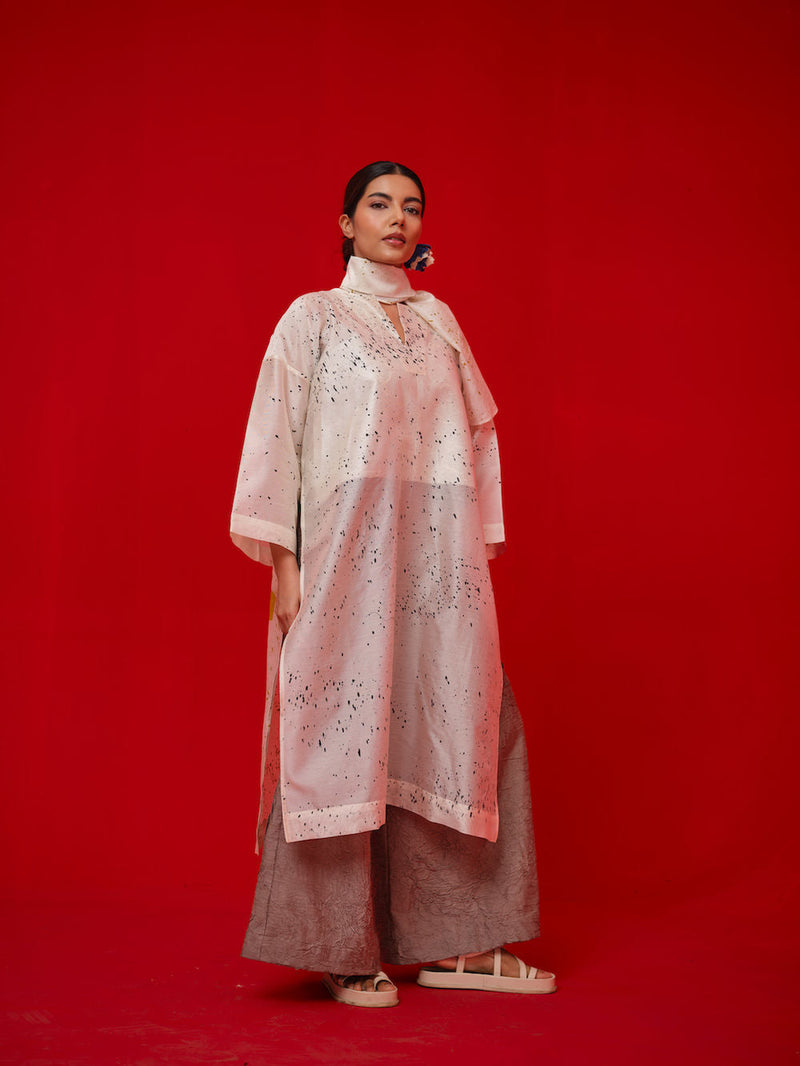 Wander Tunic-Ivory + Black + Mustard silk chanderi tunics/kaftan by Stoique in ivory, black, mustard for women in Singapore
