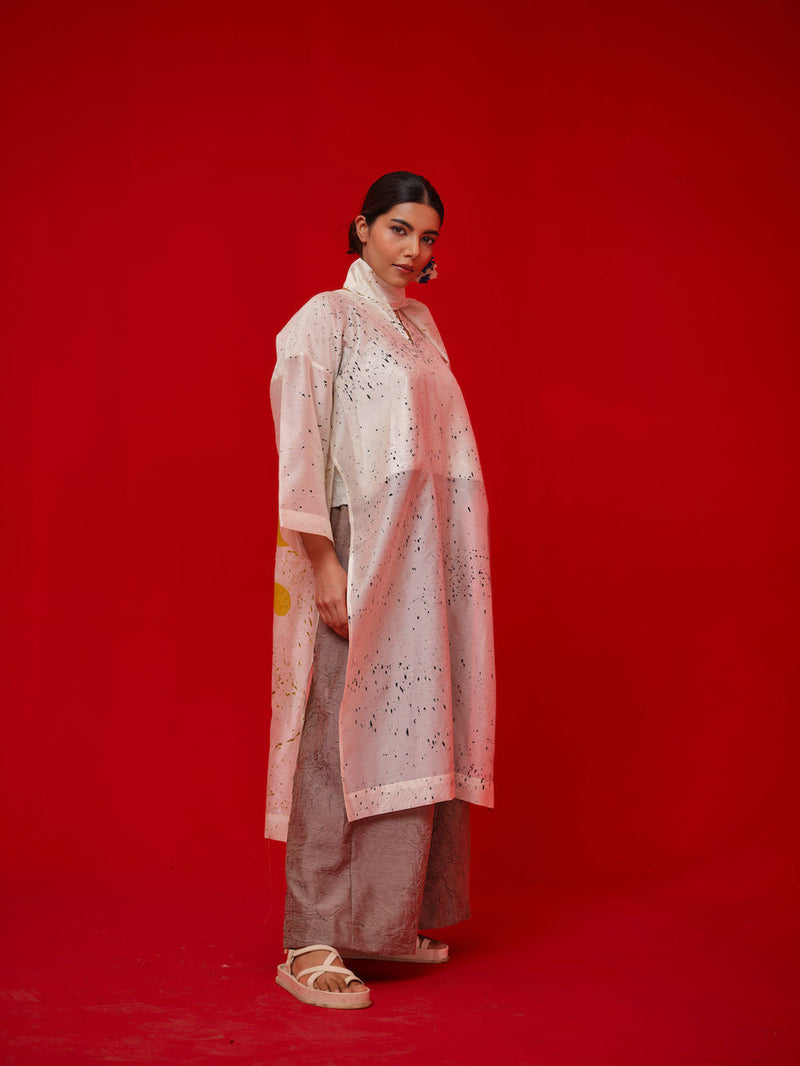 Wander Tunic-Ivory + Black + Mustard silk chanderi tunics/kaftan by Stoique in ivory, black, mustard for women in Singapore