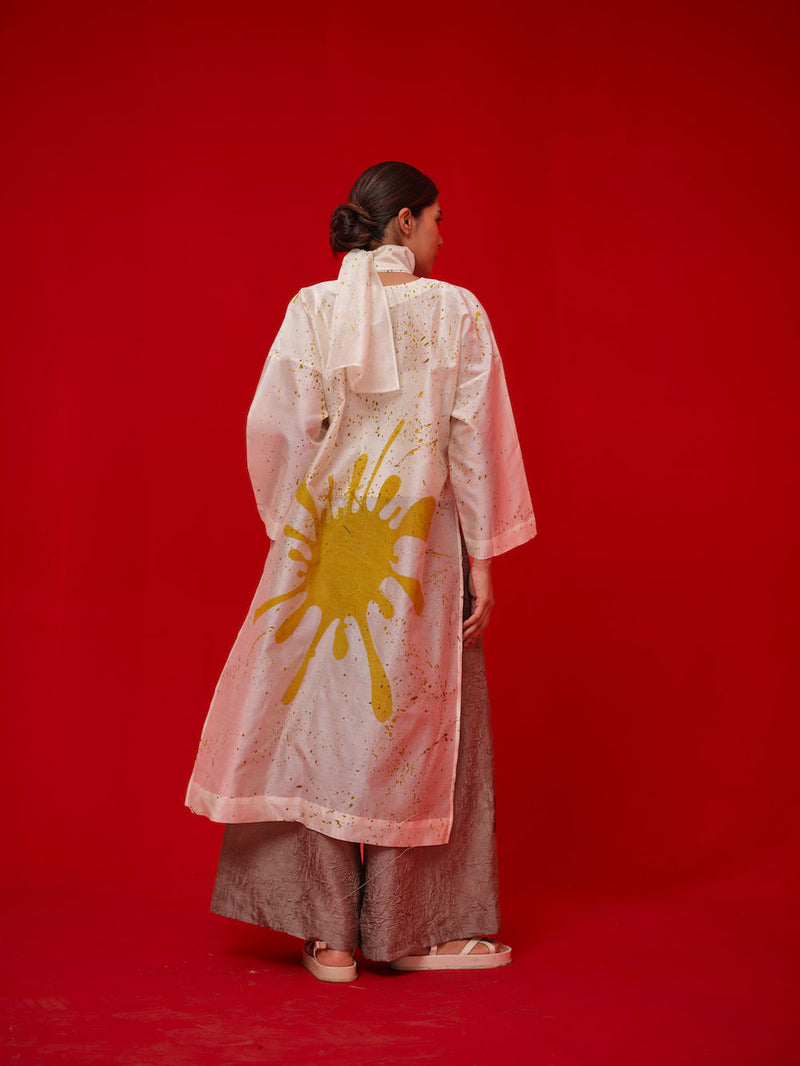 Wander Tunic-Ivory + Black + Mustard silk chanderi tunics/kaftan by Stoique in ivory, black, mustard for women in Singapore