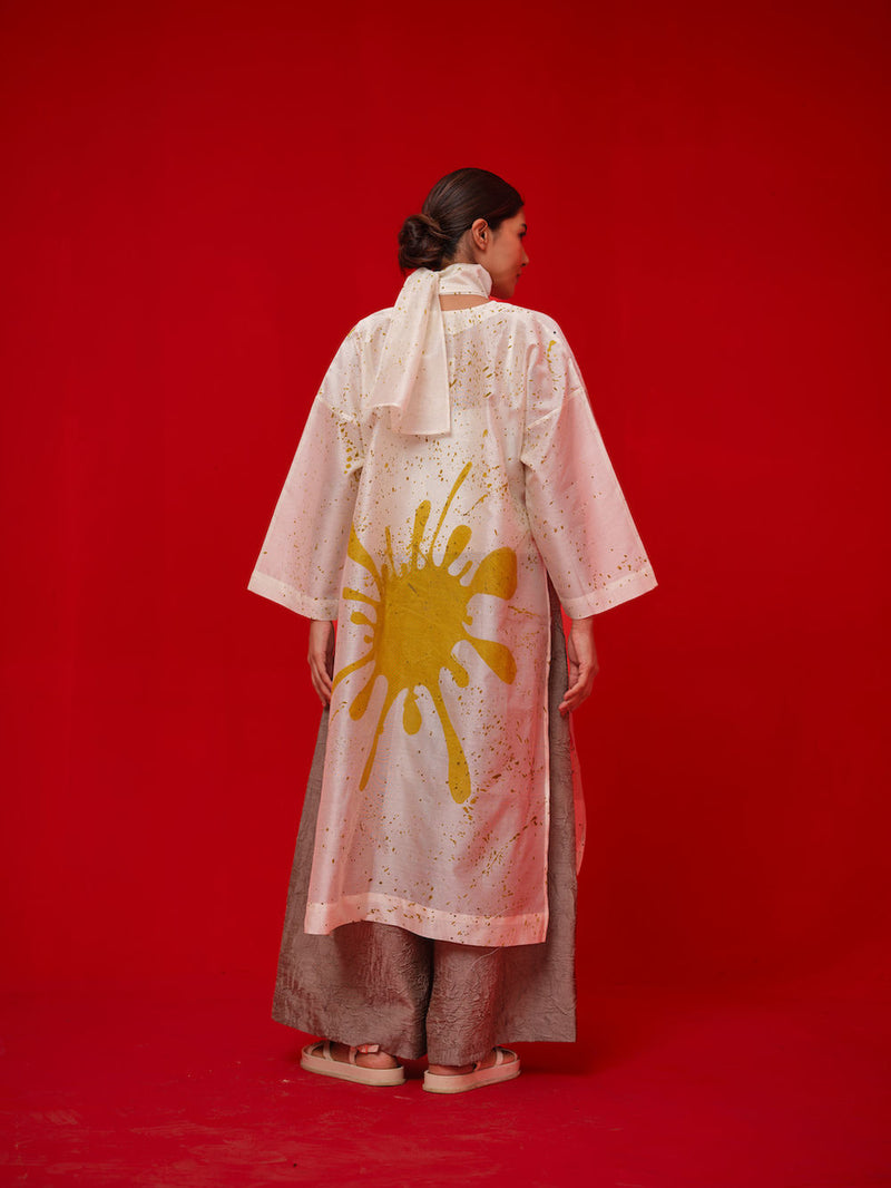 Wander Tunic-Ivory + Black + Mustard silk chanderi tunics/kaftan by Stoique in ivory, black, mustard for women in Singapore