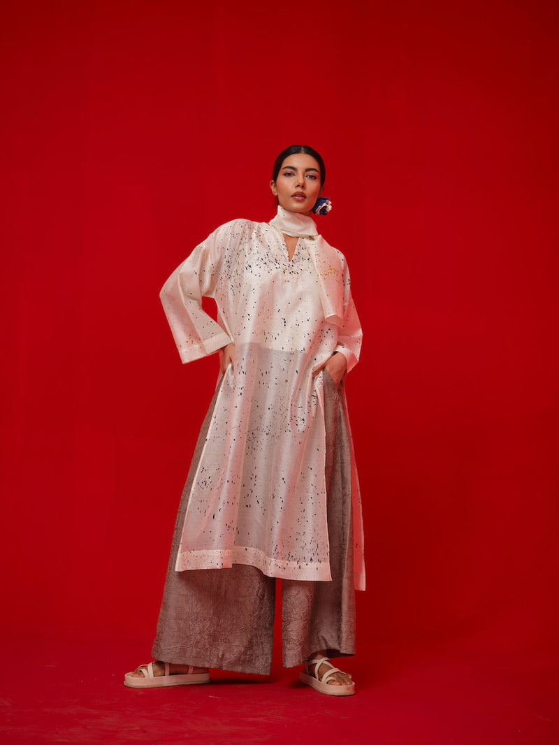 Wander Tunic-Ivory + Black + Mustard silk chanderi tunics/kaftan by Stoique in ivory, black, mustard for women in Singapore