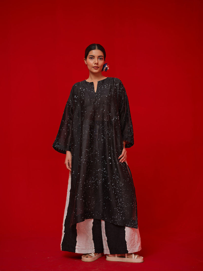 Seek Tunic-Black + Natural silk chanderi tunics/kaftan by Stoique in black, natural for women in Singapore