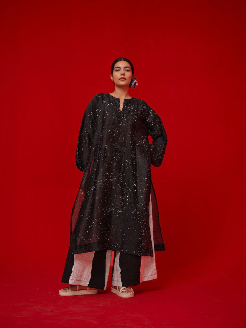 Seek Tunic-Black + Natural silk chanderi tunics/kaftan by Stoique in black, natural for women in Singapore