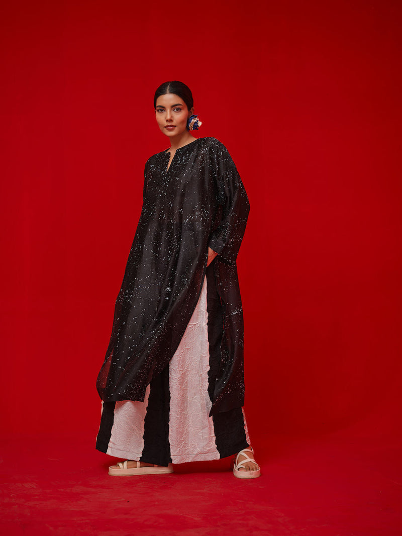 Seek Tunic-Black + Natural silk chanderi tunics/kaftan by Stoique in black, natural for women in Singapore