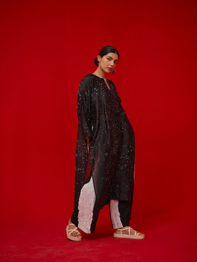 Seek Tunic-Black + Natural silk chanderi tunics/kaftan by Stoique in black, natural for women in Singapore