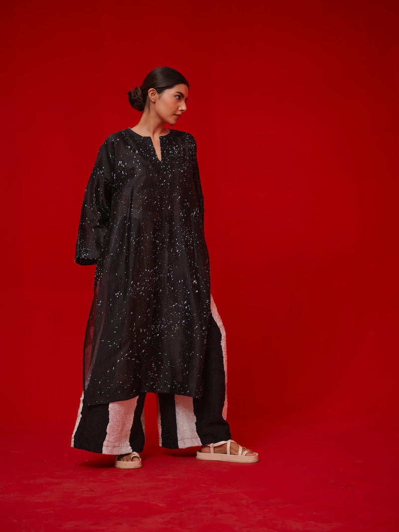 Seek Tunic-Black + Natural silk chanderi tunics/kaftan by Stoique in black, natural for women in Singapore