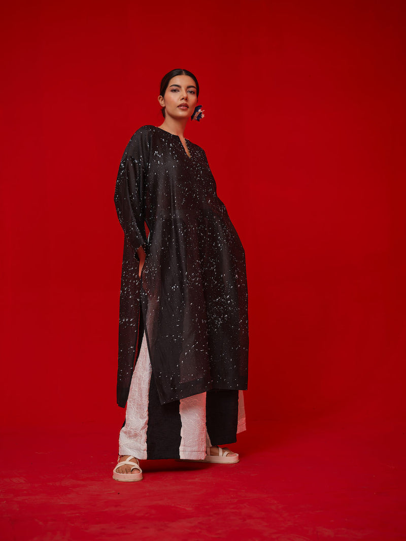 Seek Tunic-Black + Natural silk chanderi tunics/kaftan by Stoique in black, natural for women in Singapore