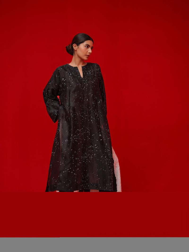 Seek Tunic-Black + Natural silk chanderi tunics/kaftan by Stoique in black, natural for women in Singapore