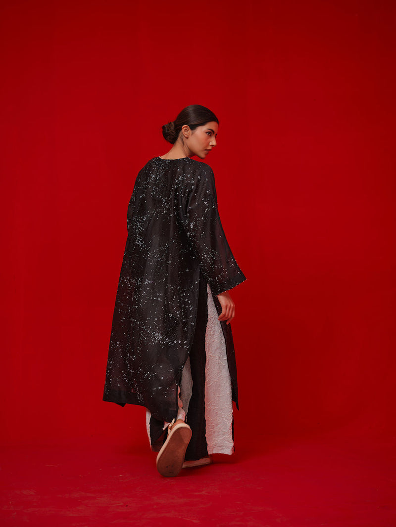 Seek Tunic-Black + Natural silk chanderi tunics/kaftan by Stoique in black, natural for women in Singapore