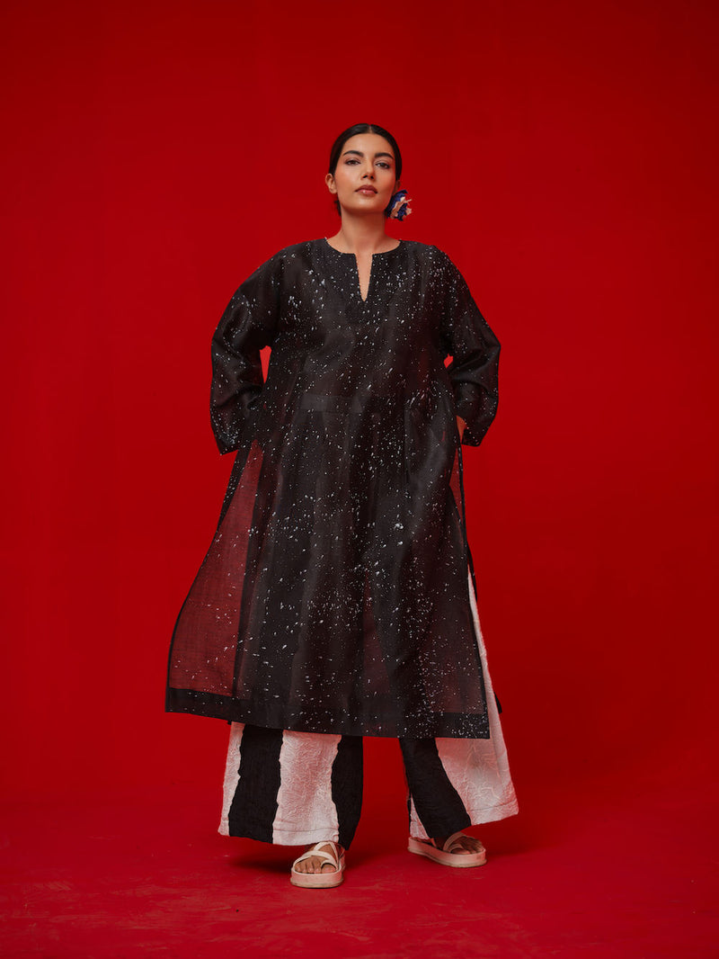 Seek Tunic-Black + Natural silk chanderi tunics/kaftan by Stoique in black, natural for women in Singapore
