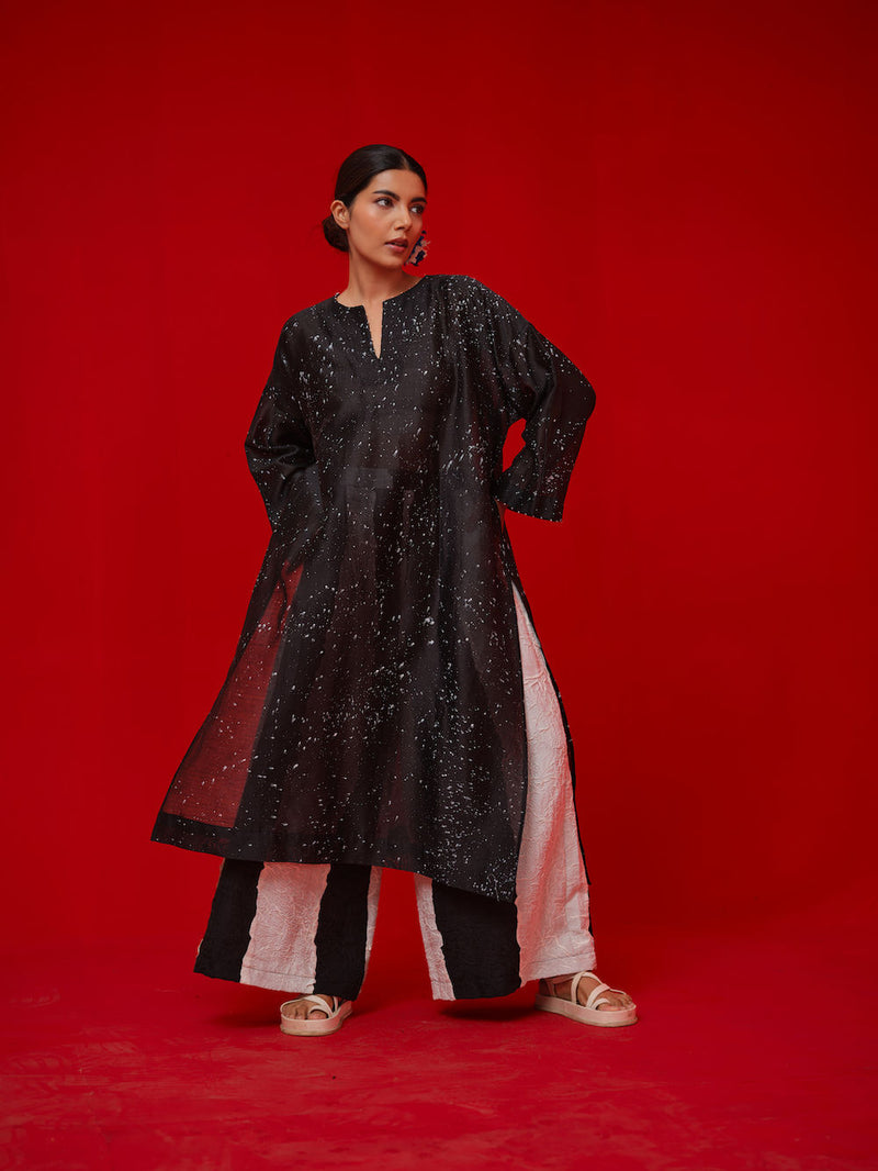 Seek Tunic-Black + Natural silk chanderi tunics/kaftan by Stoique in black, natural for women in Singapore