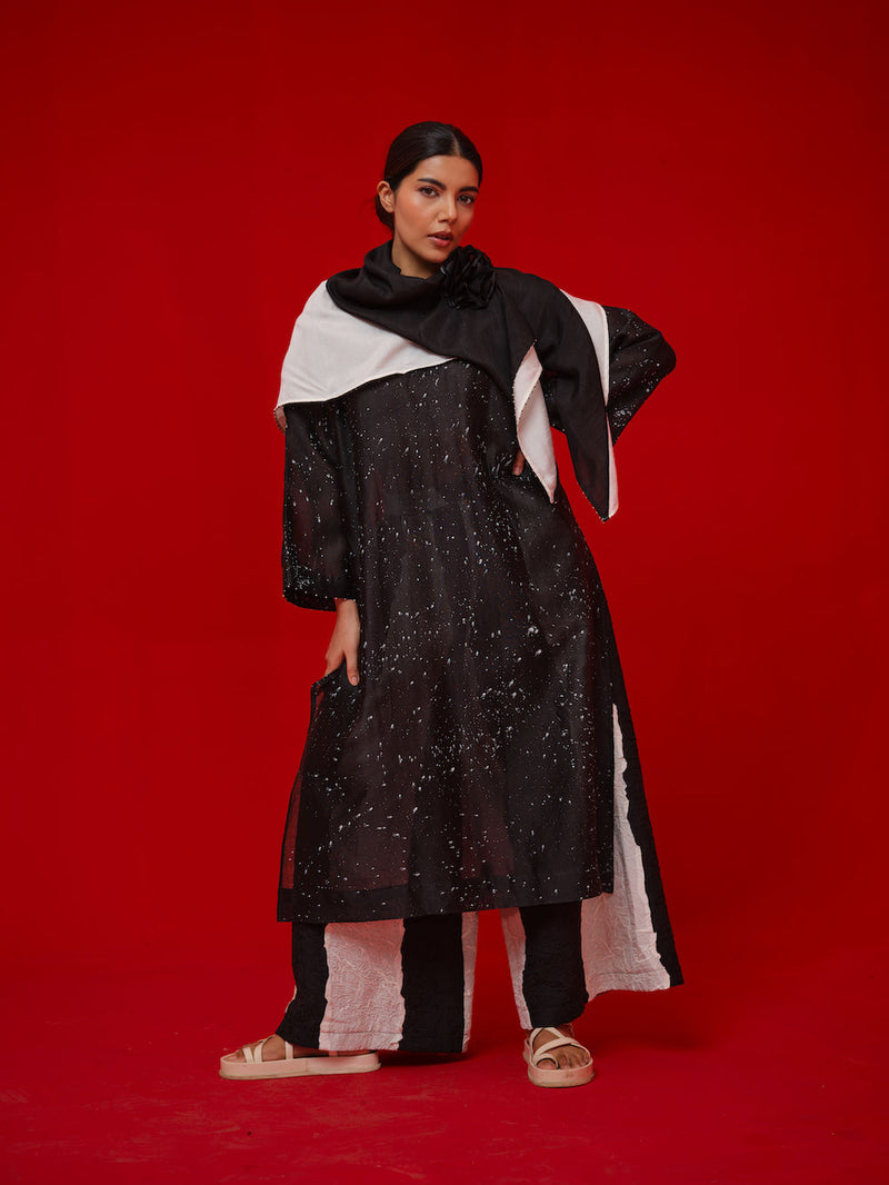 Seek Tunic-Black + Natural silk chanderi tunics/kaftan by Stoique in black, natural for women in Singapore